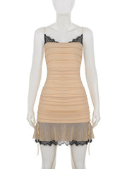 Cyflymder  Elegant Contast Lace Trim Slip Dress Summer New Sexy V Neck Sleeveless Slim Drawstring Ruched Bodycon Mini Dress for Women