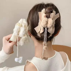 Cyflymder cute winter outfits New Fashion Bow Tassel Pendant Hair Clips Korea Ponytail Plush Shark Claw Girls Fall and Winter Gift Hair Accessories