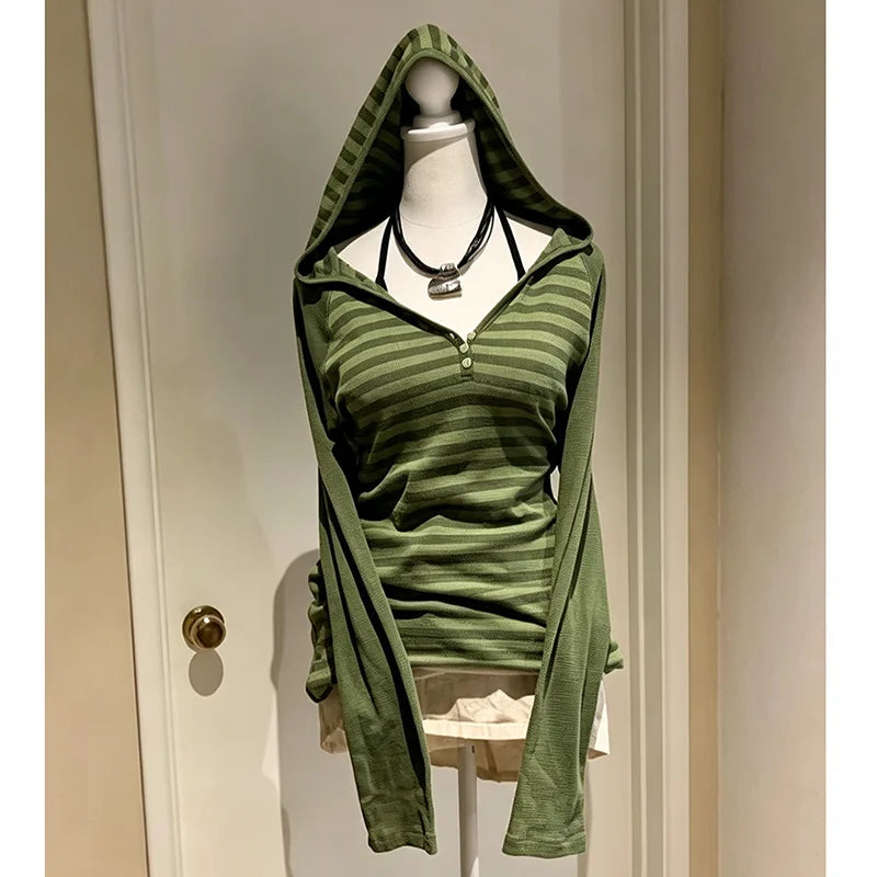 Cyflymder  Striped Retro Hooded Long Sleeved Women's Street Top Henry Half Button Y2K Casual Stretch Green Street Shirt Punk Gothic