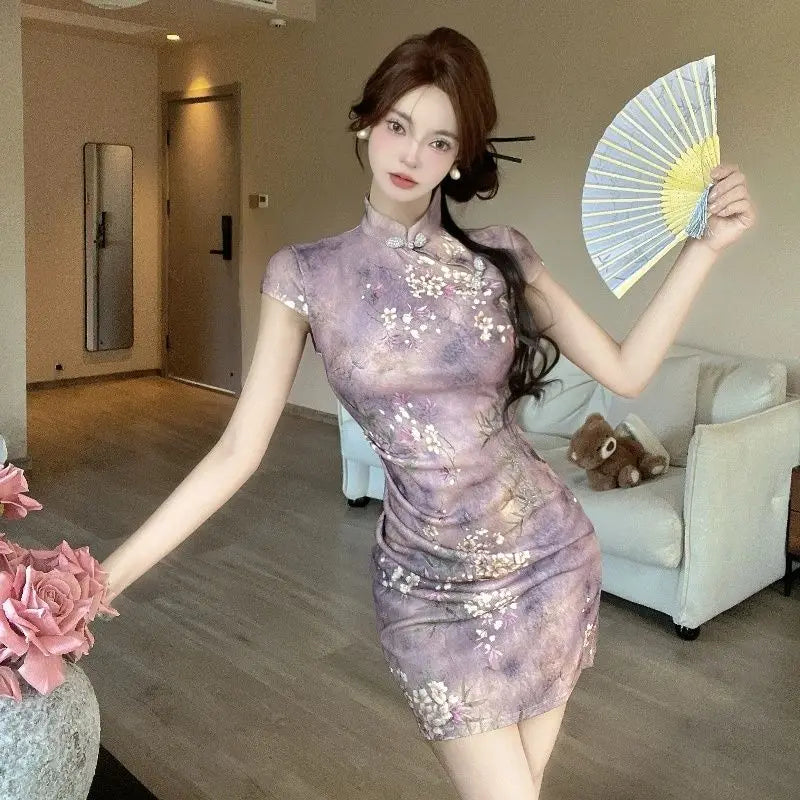 Cyflymder  Summer New Chinese Style Improved Cheongsam Women Dress Retro Purple Print Slim Fit Wrap Hip Sexy Mini Dress for Women
