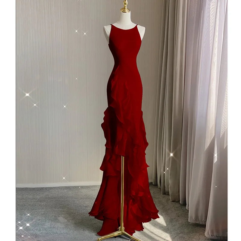 Cyflymder prom dresses Elegant White Round Neck Slim Fit Sleeveless Women Wedding Dress Evening Party Gown with Ruffles Vestidos De Novia