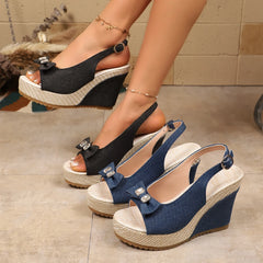 Cyflymder  Summer Women's Sandals Fashion Bowknot Rhinestone Decorate Wedge Fish Mouth High Heel Open Toe Platform Sandals