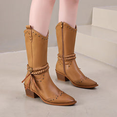 Cyflymder New Faux Leather Retro Western Boots Women Rivet Belt Buckle Mid Calf Boots Square High Heels Punk Cowboy Boots