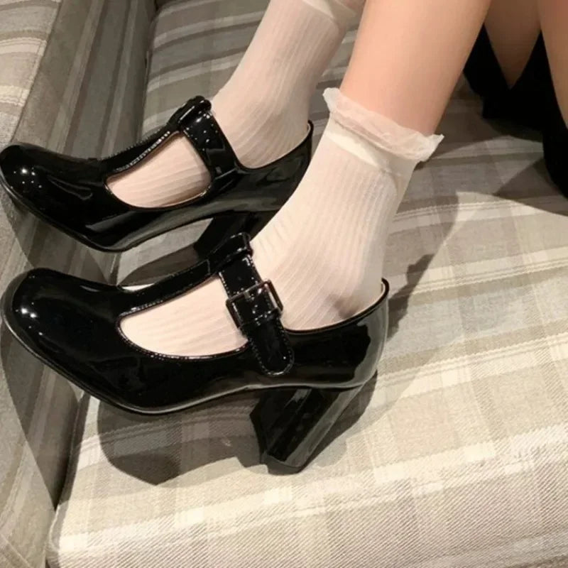 Cyflymder  Fashion  Janes Women's High Heels Concise Dress Pumps  High Chunky Heels Buckle Strap