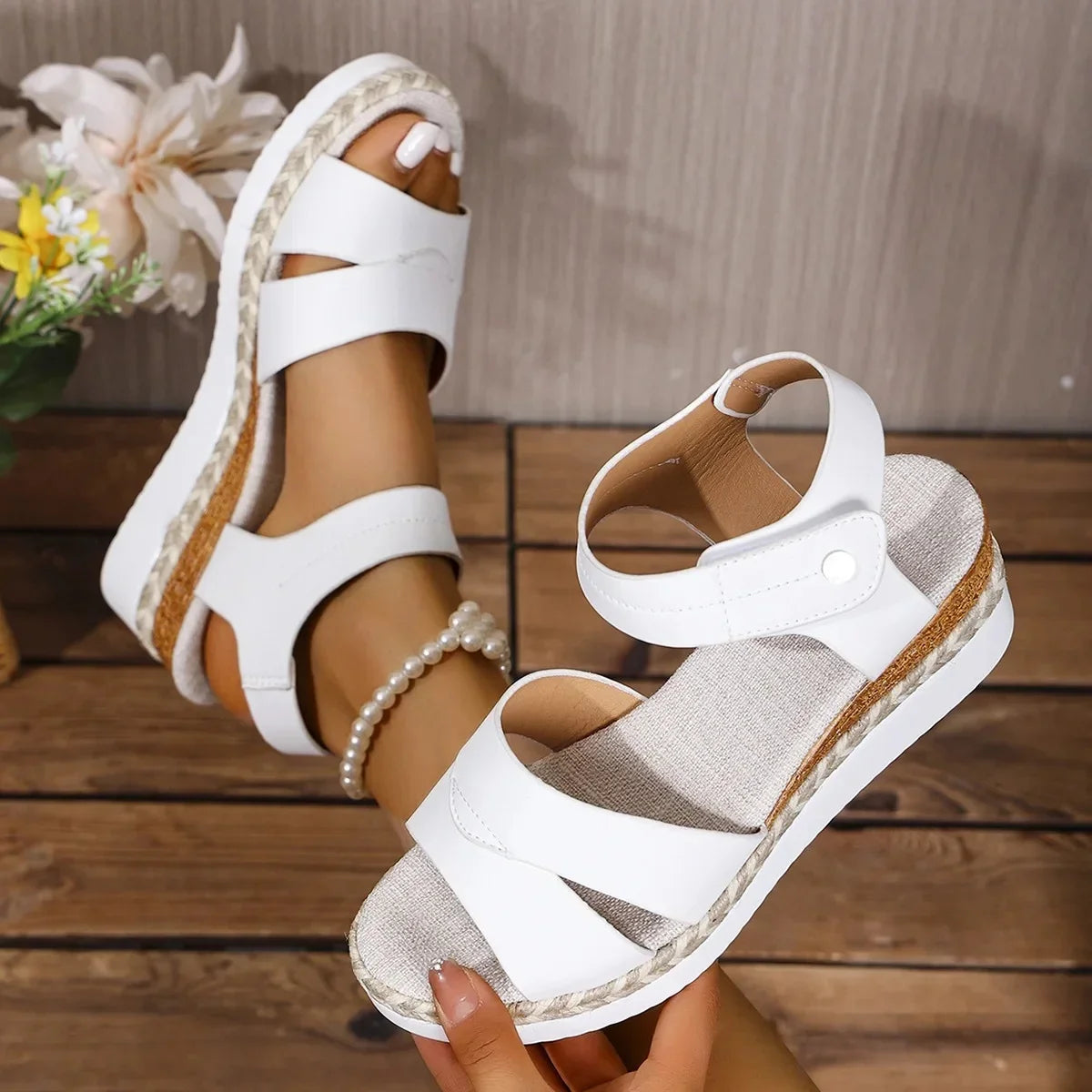 Cyflymder  New Large Size 43 Thick Heel Fish Mouth Sandals Summer Outdoor Beachwear Open Toe Women's Shoes Linen Bottom Slip-On Sandals