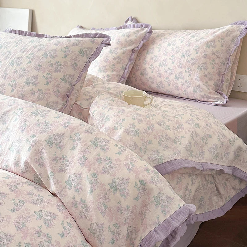 Cyflymder  Korean Princess Floral Ruffles 100% Cotton Double Layer Yarn Soft Bedding Set Single Queen King Duvet Cover Bed Sheet Pillowcase