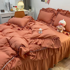 Cyflymder  Korean Solid Pure Cotton Bed Skirt Bedding Sets Washed Cotton Comforter Set with Lace Princess Soft and Skin-Friendly Bedclothes