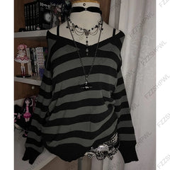 Cyflymder  Vintage vibe Stripe V-neck Women Y2k Knitted sweater Grunge Gothic Trend Pullover Fashion Punk Streetwear Long sleeve Knitt Top