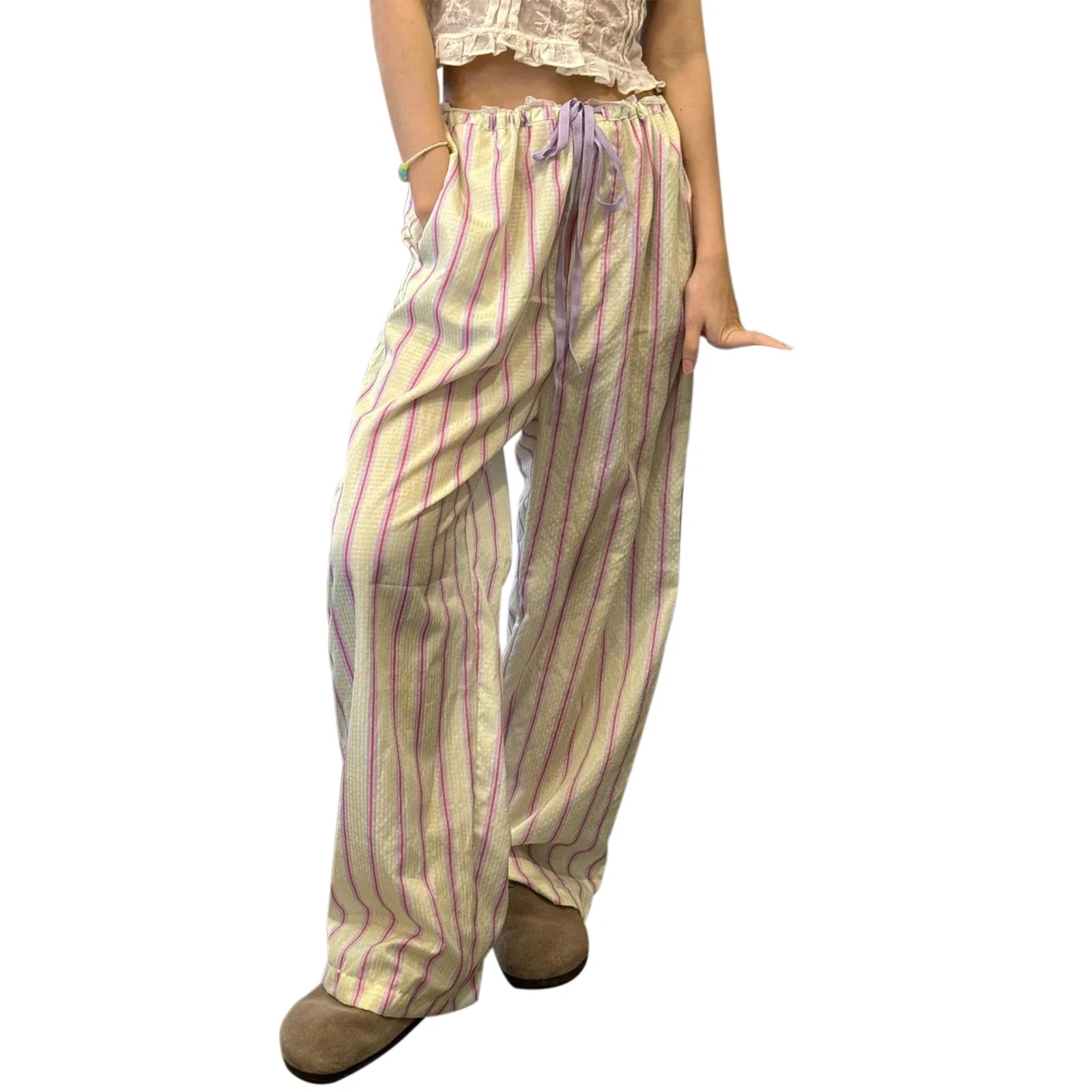 Cyflymder  Women Loose Pants Stripe Print Drawstring Elastic Waist Trousers Spring Summer Casual Sweatpants Streetwear
