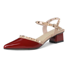 Cyflymder  Summer New French Coarse Heel Baotou Sandals Women Soft Leather Pointed Rivet Shallow Mouth Lacquer Leather Single Shoes Women