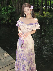 Cyflymder  Summer New plus Size Purple Floral Print V-Ne Long Dr Women's Ele Waist-Cinching Holiday Dr Sweet n Sle