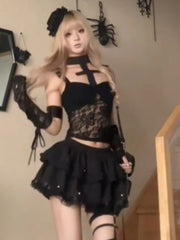 Cyflymder  New Gothic Lace Hollow Women 2 Piece Sets Punk Sling Neck Y2k Tops + Design Black Cake Skirt Fashion Sweet Retro Outfits Summer