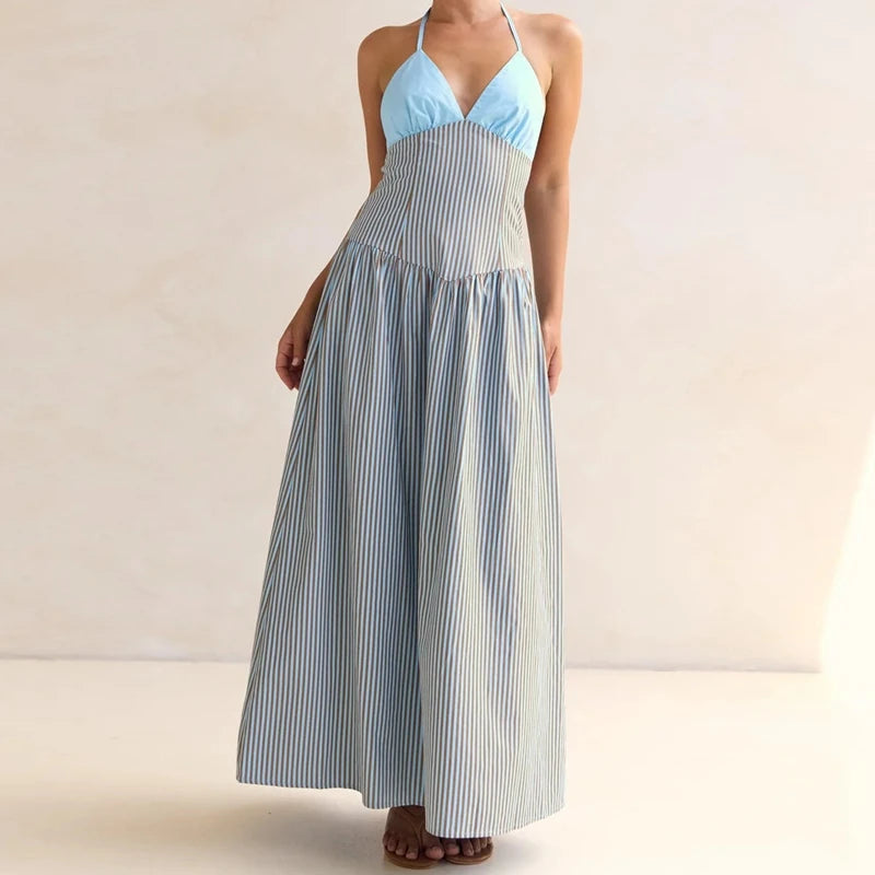 Cyflymder  Women Halter Neck Striped Backless Maxi Dress Summer Sleeveless Long Dress Vacations Outdoor Backless Flowy Dress