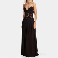 Cyflymder  Women Fashion Sleeveless Backless Beach Long Dress Lace Embroidery Off Shoulder Black Dress Sexy Suspender Pleated Holiday Dress