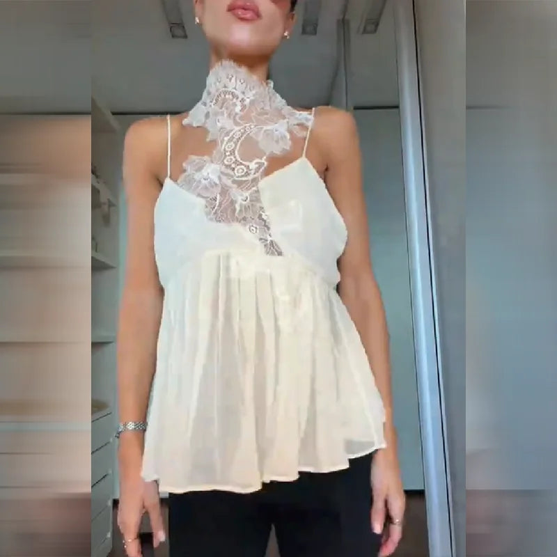 Cyflymder  Sleeveless Blouse For Women Trendy Lace Neck Spaghetti Strap Deep V Open Back Pleated Hem T-shirt Office Casual Lady's Top