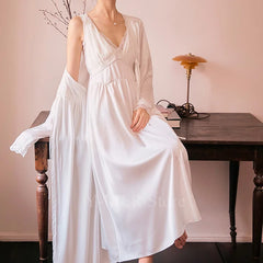 Cyflymder  White Bride Wedding Dress Robe Set 2Pcs Kimono Bathrobe Elegant Princess Style Homewear Loose Sleep Set Lady Satin Nightgown