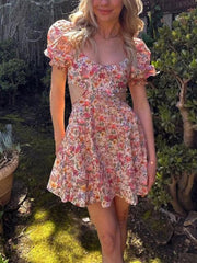 Cyflymder  Women s Summer Floral Print Dress Short Puff  Square Neck Cutout Waist  Mini A-Line Dress