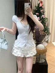 Cyflymder  Floral Ruffles Slim T-shirt Blouse Women Summer V-neck Single Breasted Elastic Band Puff Sleeve Shirts Sweet Cute Crop Tops New