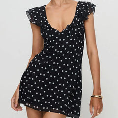 Cyflymder  Luxury Women Casual Dot Print Short Dress Lace Slim V Neck Flying Sleeve A-line Mini Dress for Daily Party Club