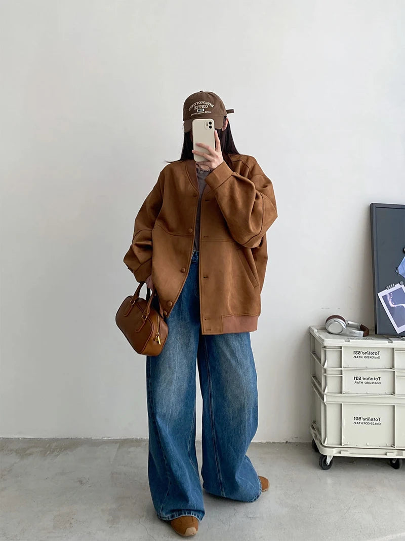 Cyflymder  American Y2K Jackets Women Streetwear Loose Faux Suede Coat Vintage Long Sleeve Harajuku Bf Oversize Hip Hop Outwear New