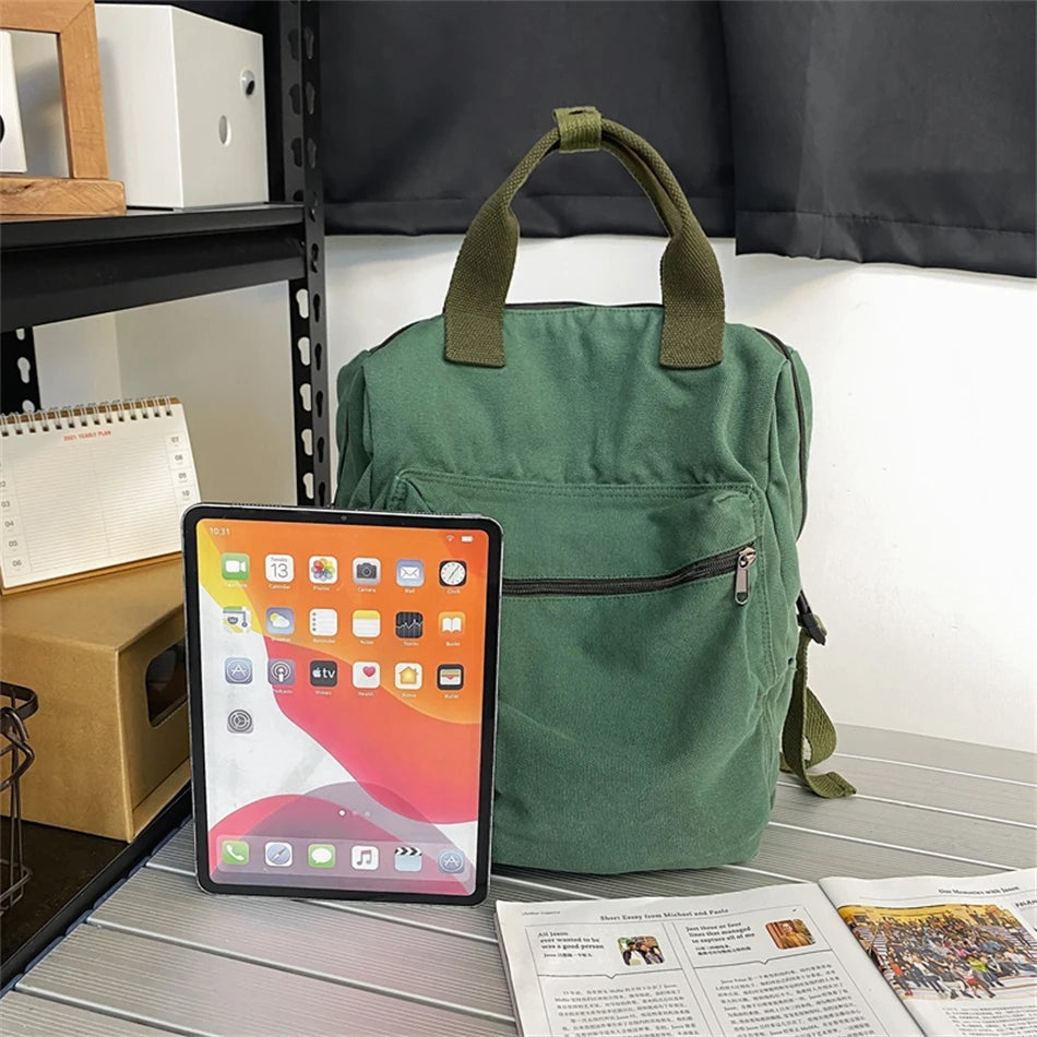 Cyflymder New Solid Color Women Canvas Backpack Vintage School Bag for Teenage Girl Outdoor Travel Handbag Purses Book Bag Rucksack