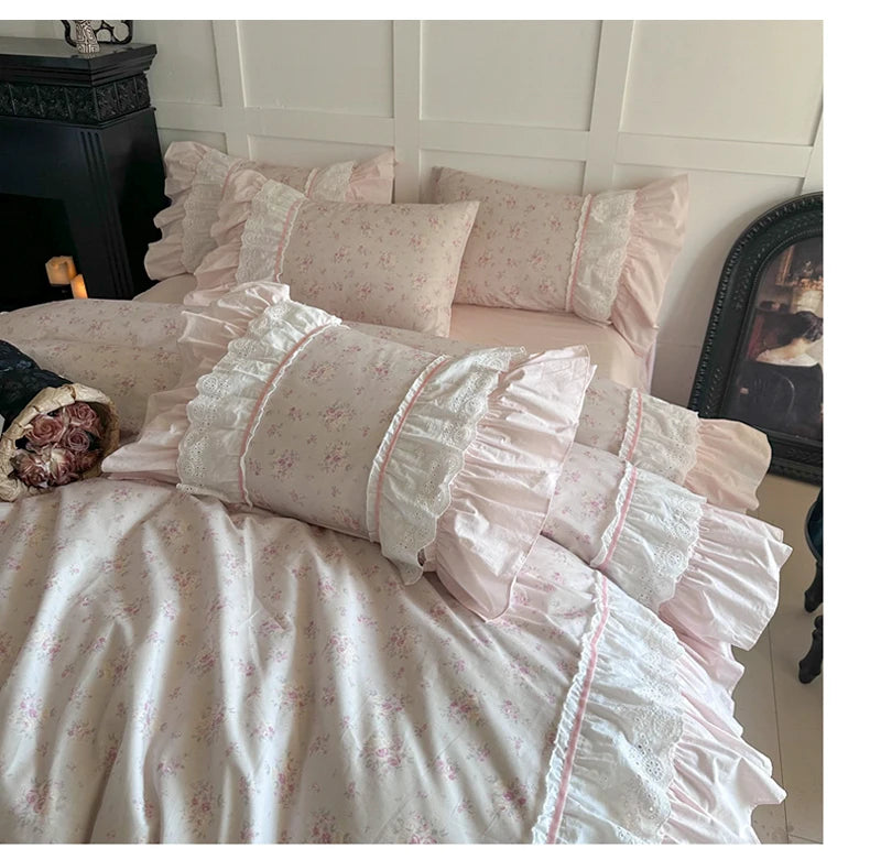 Cyflymder  Pink Floral Double Layer Lace Ruffles 100% Cotton Bedding Set Duvet Cover Set Bed Sheet/Bed Skirt/Fitted Sheet Pillowcases 4Pcs