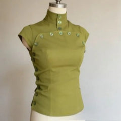 Cyflymder  Euramerican Vintage Stand Collar Temperament Blouse Y2k Aesthetic Spliced Buttons Design Slim Fit Women Clothes French Punk Tops