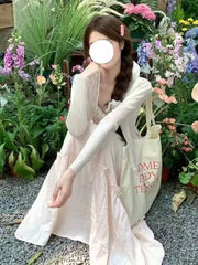 Cyflymder  French Lace Splice Pink Strap Dress Summer Vacation Style Gentle Long Dress Minimalist Young Two-Piece Set High Waist A- Line