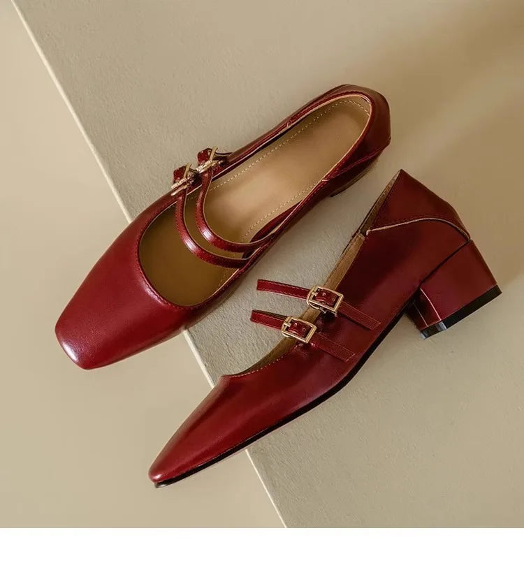 Cyflymder  Women's Mary Jane Shoes 2025 Spring Autumn New Fashion Buckle Strap Luxury Leather Shoes Comfortable Square Toe Party Sexy Pumps