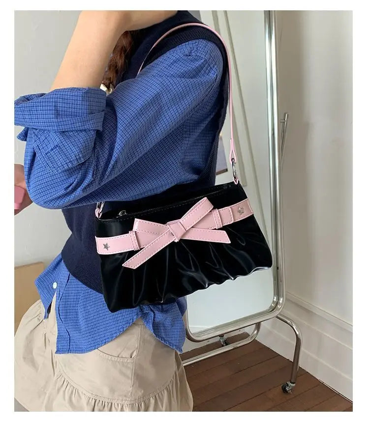 Cyflymder  Korean Hot Girl Bow Studded Handbag Women Simple Design Sweet Shoulder Bag Ladies Elegant Fashion Underarm Purse Y2k Aesthetic