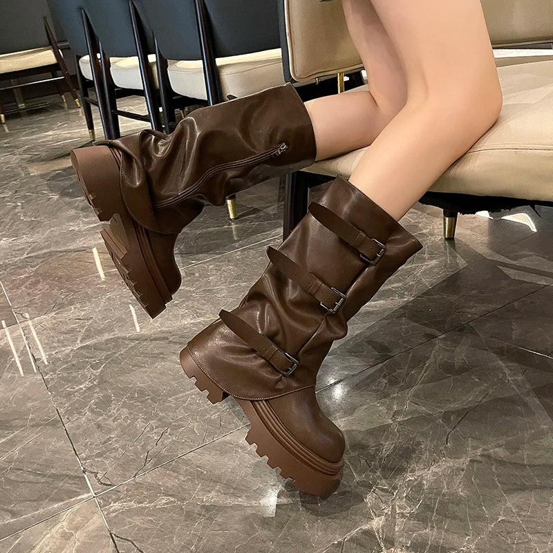 Cyflymder  Designer Thick Heel Women Western Cowboy Boots Fashion Ladies Belt Buckle Knight Booties botas de inverno feminina