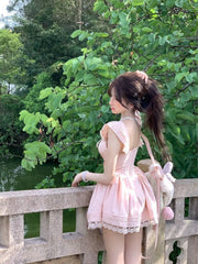 Cyflymder  Sweet Dresses Women Flying Sleeve Lace Patchwork Square Collar Slim Bandage French Style Spring Summer Elegant Dress