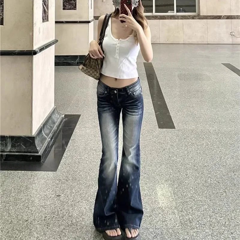 Cyflymder  Women Fashion Washed Denim Flares Pants Korean Style Low-Waist Slimming Wide Leg Jeans Female Streetwear Sexy Slim Y2K Trousers