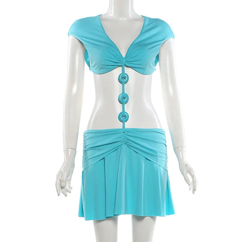 Cyflymder   Buttons Patchwork Vacation Beach Mini Dress Women Sexy V Neck Sleeveless Backless Ruched Pleated Party Clubwear Y2K Streetwear