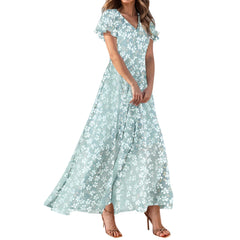 Cyflymder  Women's Summer Casual Short Sleeve V-neck Elegant Maxi Dress Floral Printed Wedding Guest Chiffon Flowing Vacation Beach Dresses