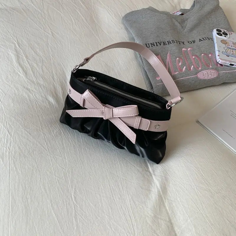 Cyflymder  Korean Hot Girl Bow Studded Handbag Women Simple Design Sweet Shoulder Bag Ladies Elegant Fashion Underarm Purse Y2k Aesthetic