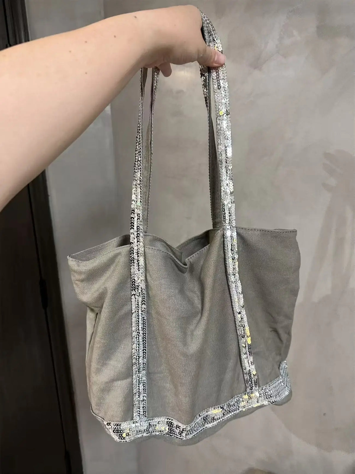 Cyflymder   Fashion Sequin Tote Bag Women Patchwork Linen Large Capacity Shoulder Bag Ladies Versatile Casual Commute Beach Bag Trendy Chic
