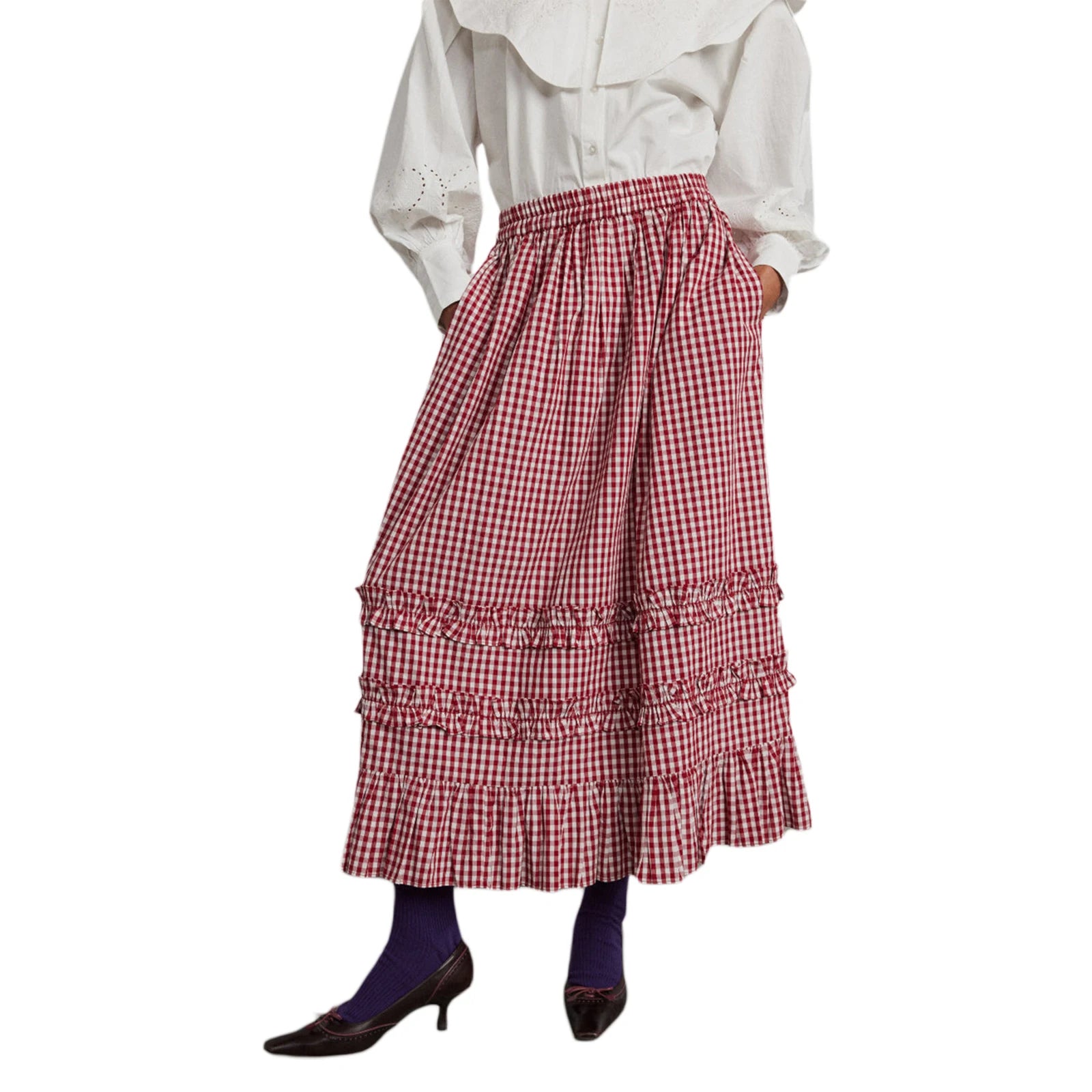 Cyflymder  Women's Plaid Print Frill Trim Ruffled Long Skirt Autumn Casual Elastic High Waist Loose Fit A-Line Skirt for Streetwear