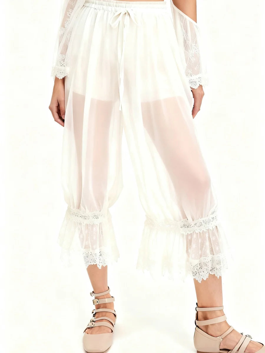 Cyflymder  Fashion Women Long Bloomer Pants Lace Patchwork Drawstring Elastic Waist Victorian Capri Pants Lounge Pettipants
