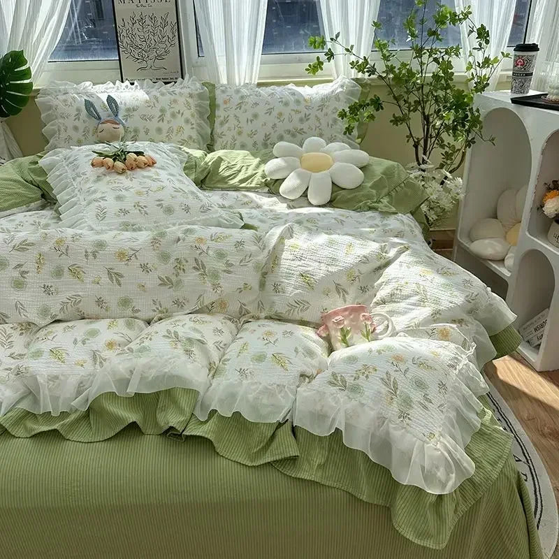 Cyflymder  Romantic French Flowers Lace Ruffles Bedding Set Washed Cotton Duvet Cover Bed Flat Sheet Pillowcases Girls Couple Bed Linens