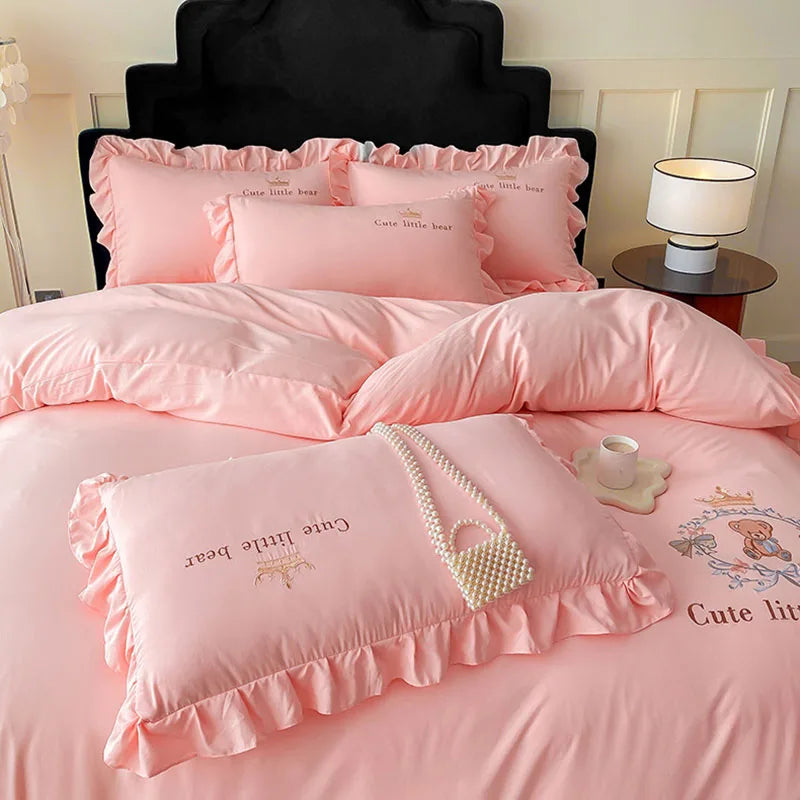 Cyflymder  French Embroidered Bed Skirt Bedding Sets Washed Cotton Knitted Bedclothes with Ruffled Edges Universal Size Textile Supplies