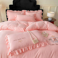 Cyflymder  French Embroidered Bed Skirt Bedding Sets Washed Cotton Knitted Bedclothes with Ruffled Edges Universal Size Textile Supplies