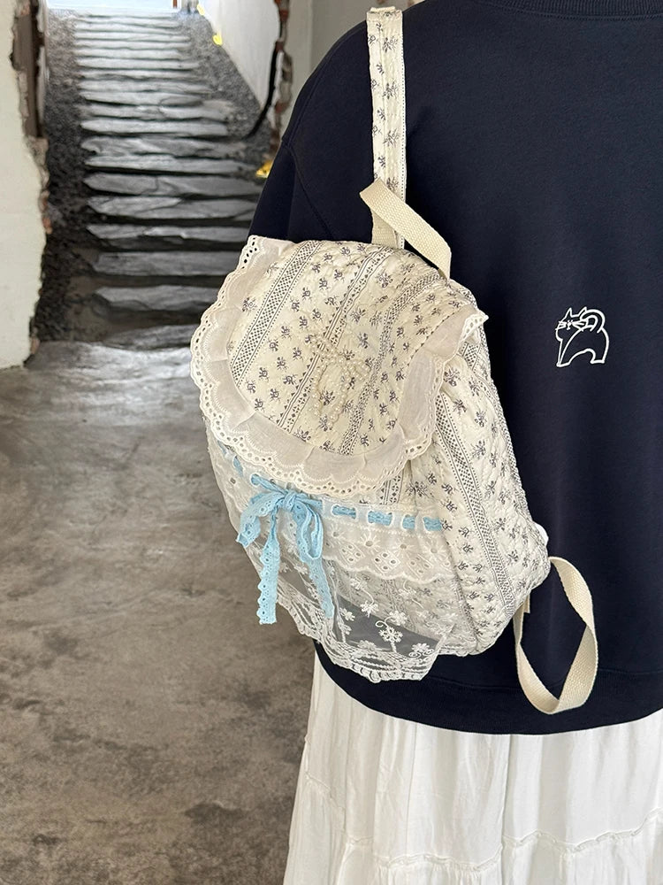 Cyflymder  Korean Lace Patchwork Sweet Bow Backpack Women Students Chic Flower Print Bow Schoolbags Y2k Aesthetic Girls All Match Backpacks