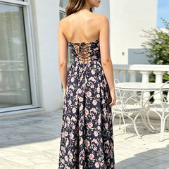 Cyflymder  Elegant Pattern Print Draped Party Dress Strapless Backless Hight Waist Summer Dress Lady Sexy Sleeveless Sweet Style Long Dress