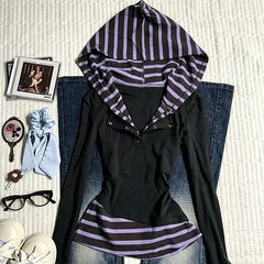 Cyflymder  Fake Two-Piece Long Sleeved Shirt With Retro Stripes Y2K Hoodie High Street Gothic Button V-Neck Slim Fit T-Shirt Garbage Street