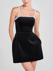 Cyflymder  Elegant Women Luxury Formal Black Square Neck Mini Dress Fashion Sleeveless Evening Ladies Street Party Vestidos Summer