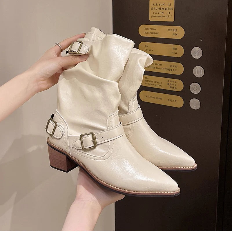 Cyflymder  Autumn Winter Vintage Thick Heel Women Western Cowboy Boots Slip On Belt Buckle Shoes Ladies Mid Calf Botas Zapatos De Mujer
