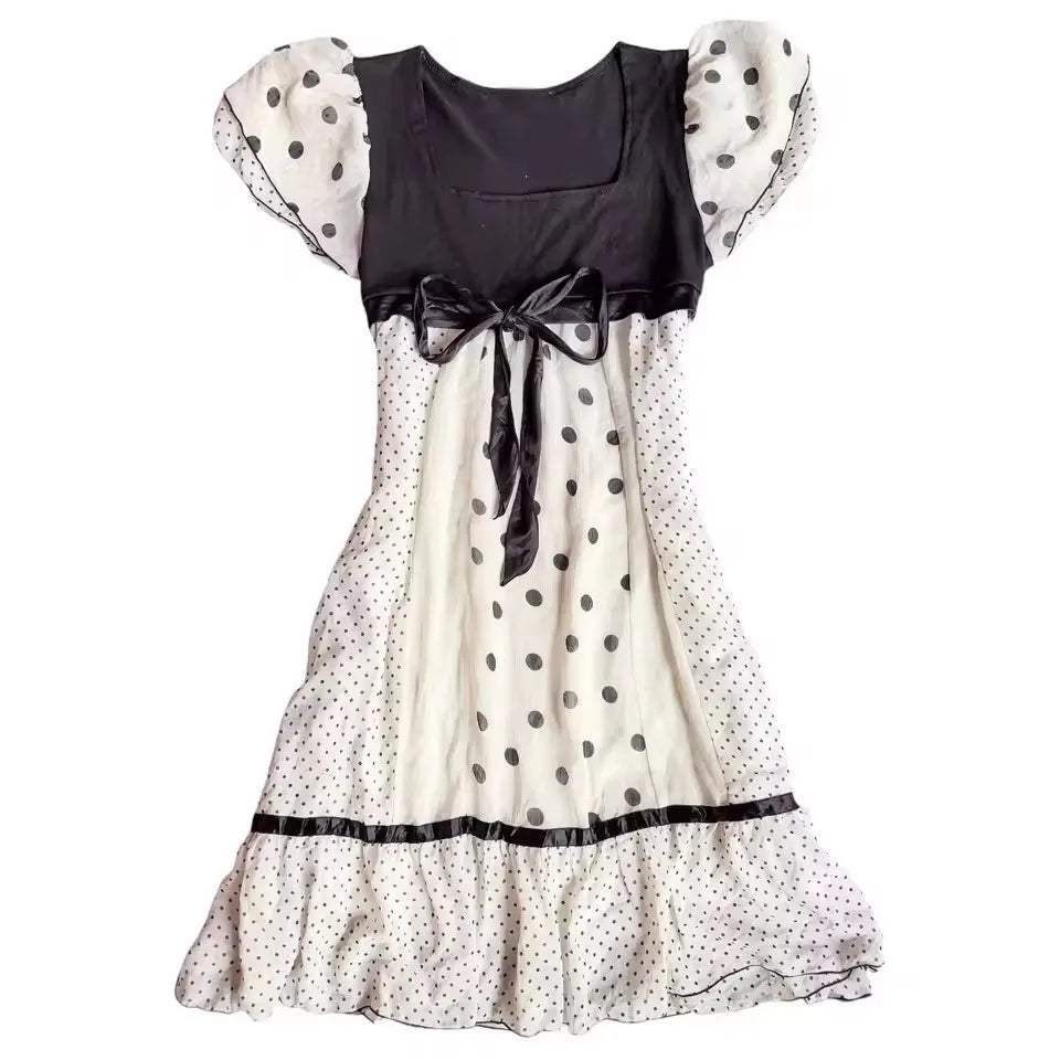 Cyflymder  French New Sweet Elegant Polka Dot Print Dresses Y2k Fashion Spliced Slim Design Casual Punk Short Dress Constrast Color Clothes