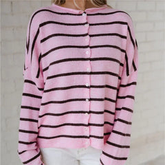 Cyflymder   Contrast Striped Loose Cardigan for Women Long Sleeve Button Down Knit Winter Casual Daily Minimalist Sweater Outerwear