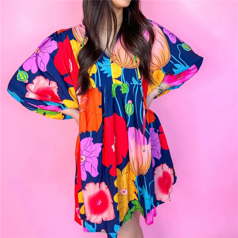 Cyflymder  Boho Summer Floral Sundresses Y2k T-Shirt Mini Dresses for Women Casual Flowy Puff Sleeve Beach Short Babydoll Dress